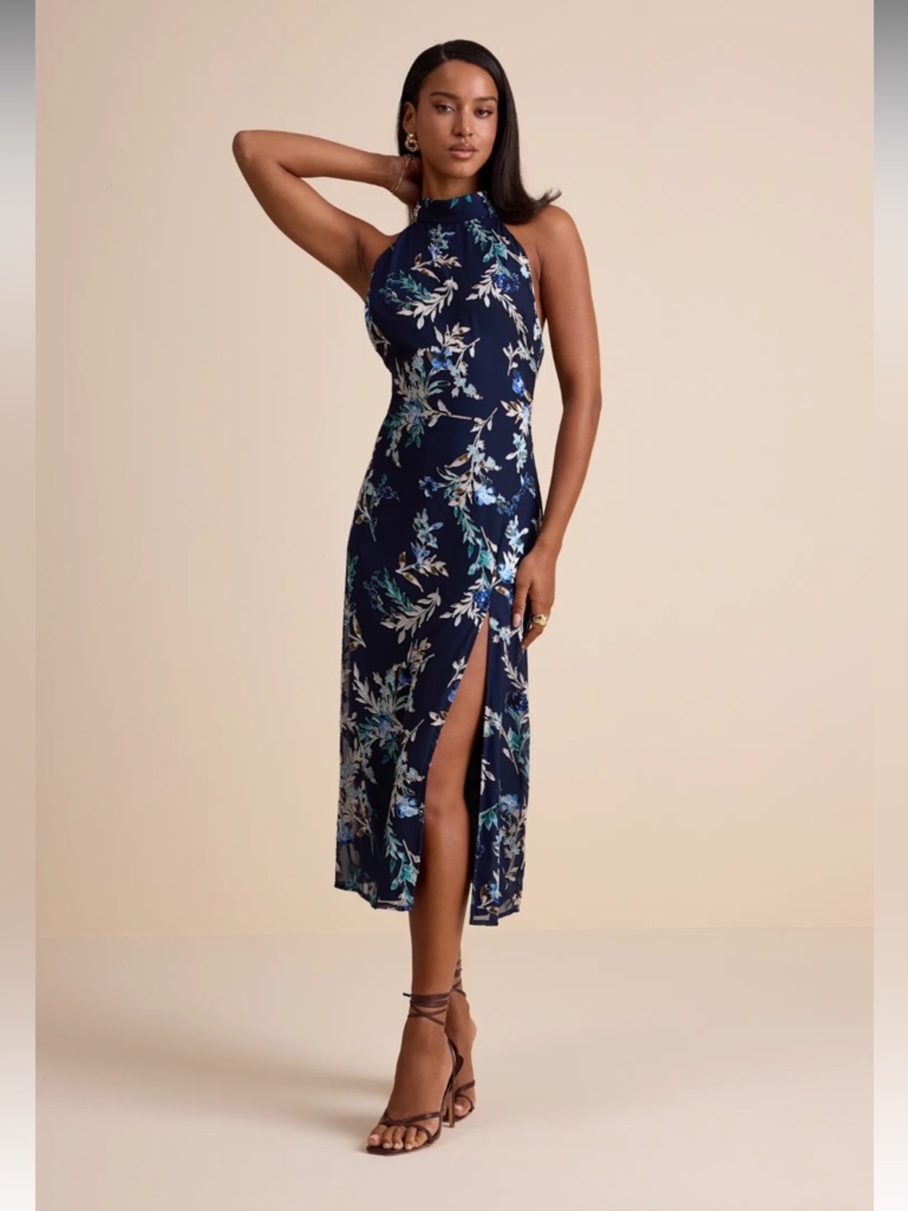 Lulu's Lizbeth Navy Floral Jacquard Backless Halter Midi Dress with Side Slit